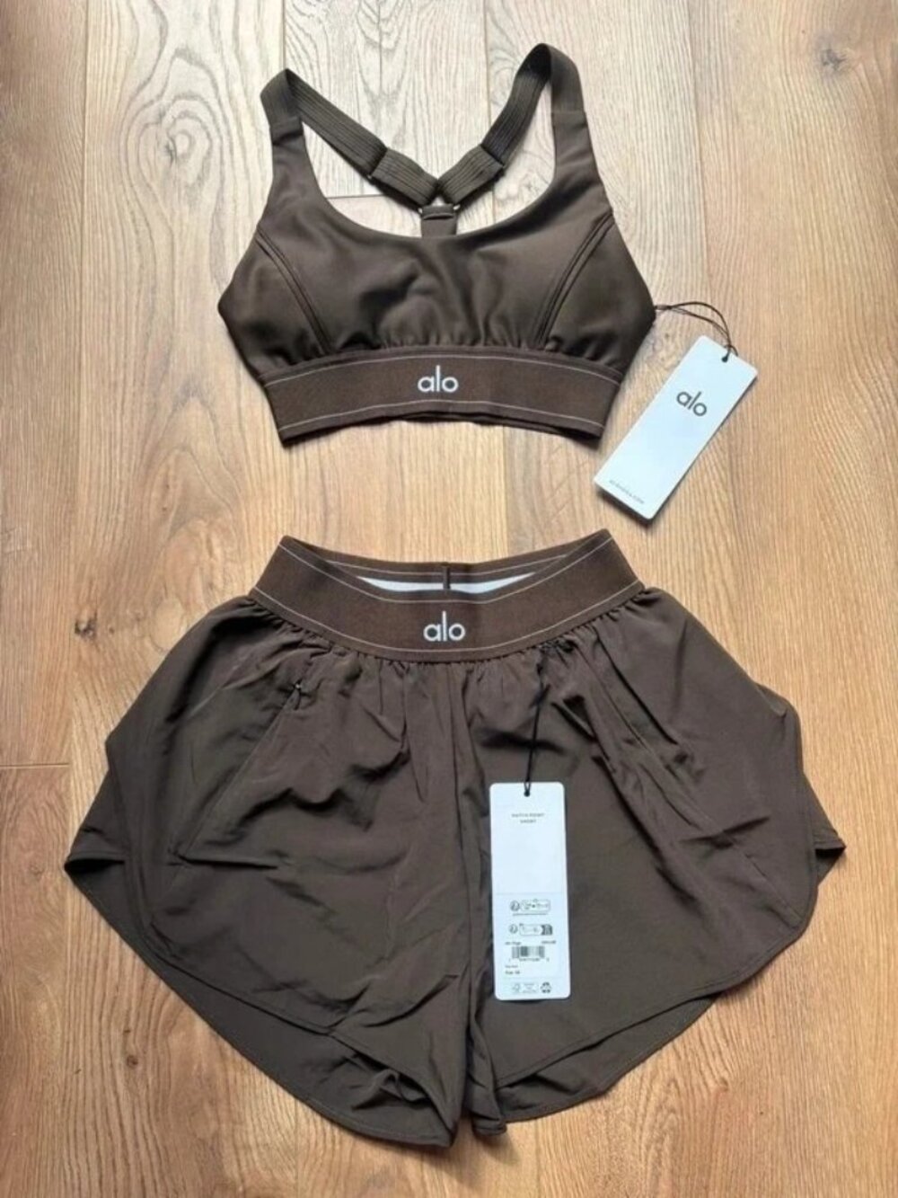 Alo Yoga Black Brown Airlift Bra and High Waist Running Shorts Set, XS
